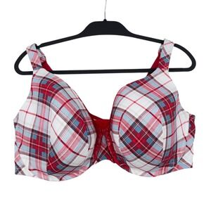 Cacique‎ Plaid Full Coverage T-Shirt Bra Womens 44DD Cotton Red Blue White